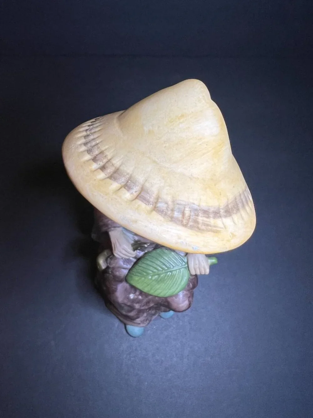 Vintage 1970s Toyo Porcelain Seated Old Asian Man Figurine w/ Palm Leaf Fan